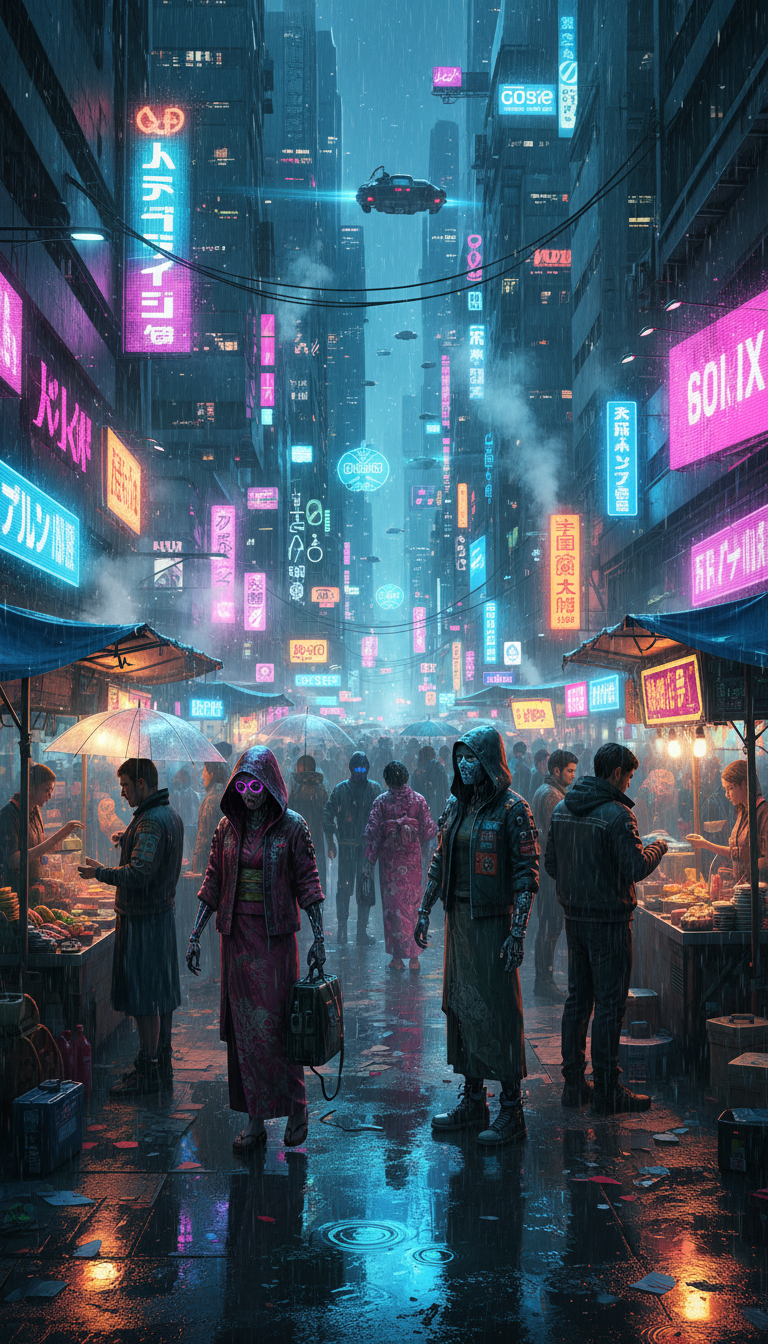 네온 불빛과 다양한 캐릭터가 있는 활기찬 사이버펑크 거리 시장 풍경.