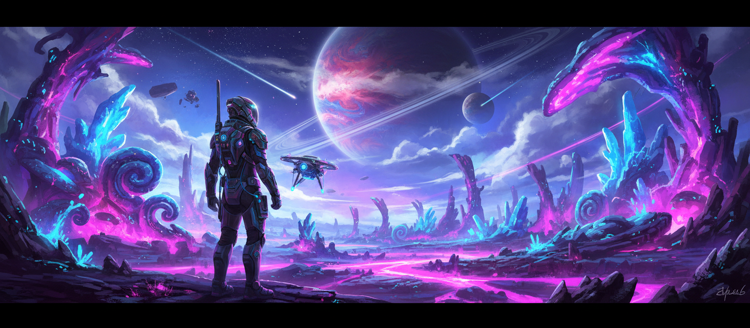 외계 행성을 탐험하는 사람을 그린 공상 과학 콘셉트 일러스트.