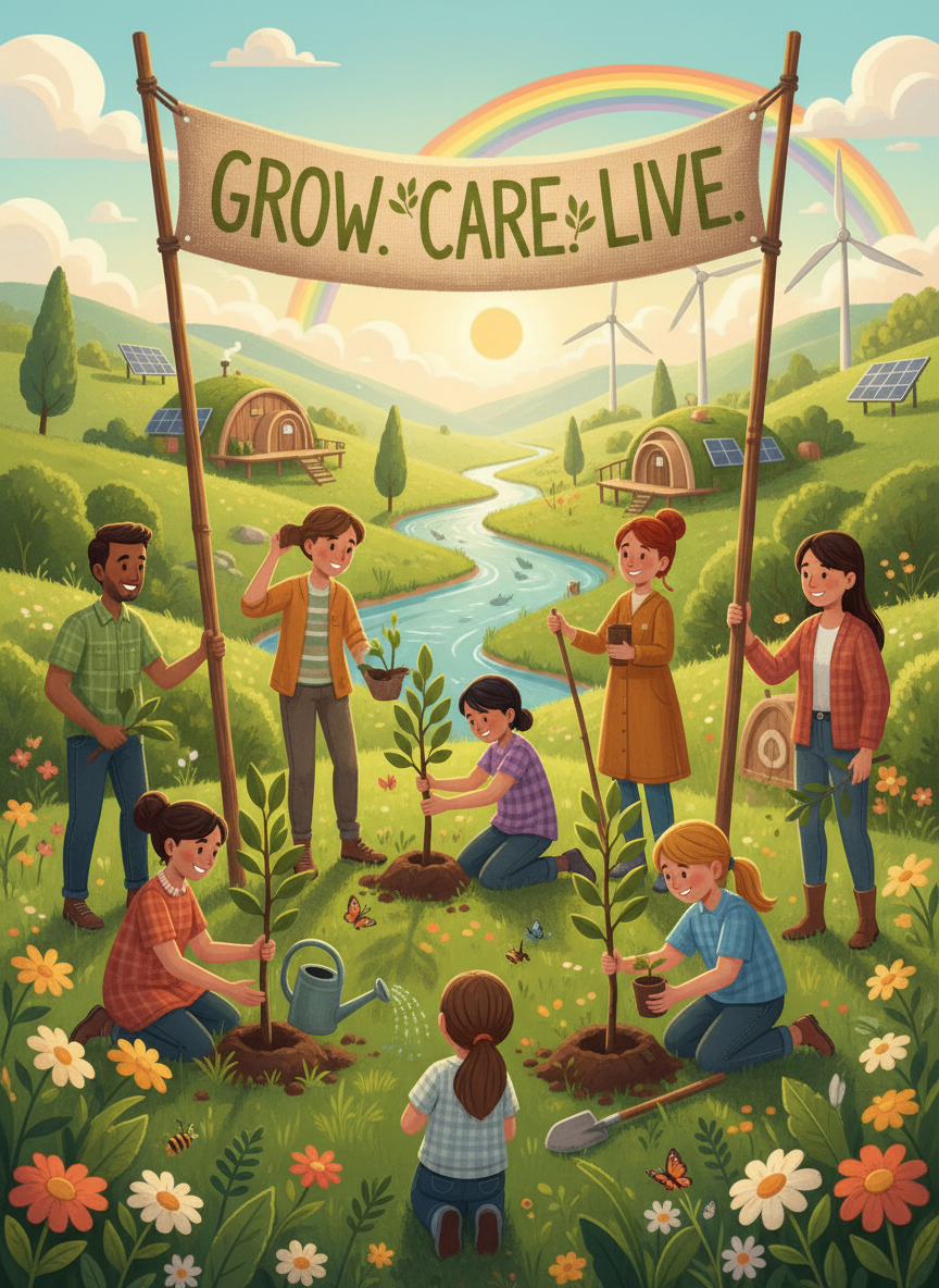 활기찬 녹색 풍경에 사람들이 나무를 심는 친환경 일러스트.