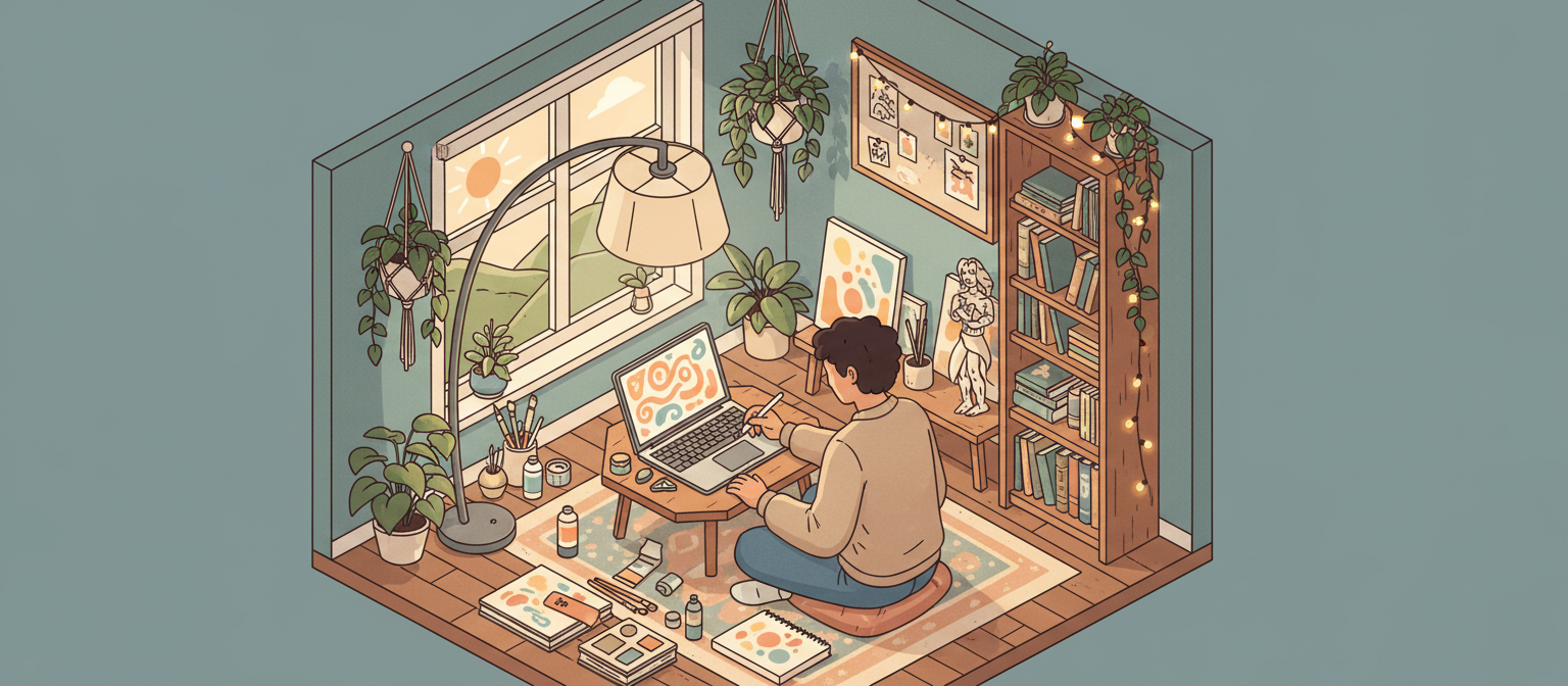 식물이 있는 스튜디오에서 창의적으로 작업하는 사람을 묘사한 아이소메트릭 일러스트레이션.