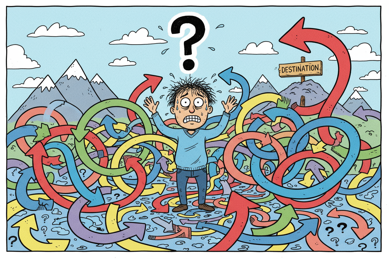 선택의 혼란을 상징하는 거대한 화살표 미로를 헤매는 혼란스러운 사람의 유머러스한 만화 일러스트레이션.