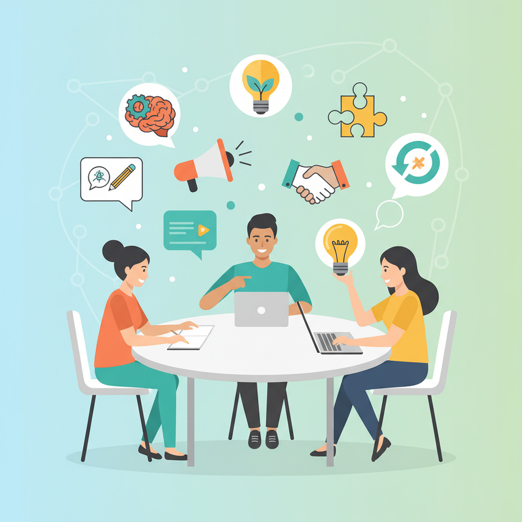 다양한 사람들이 창의성과 팀워크 아이콘에 둘러싸여 협업하는 플랫 디자인 일러스트.
