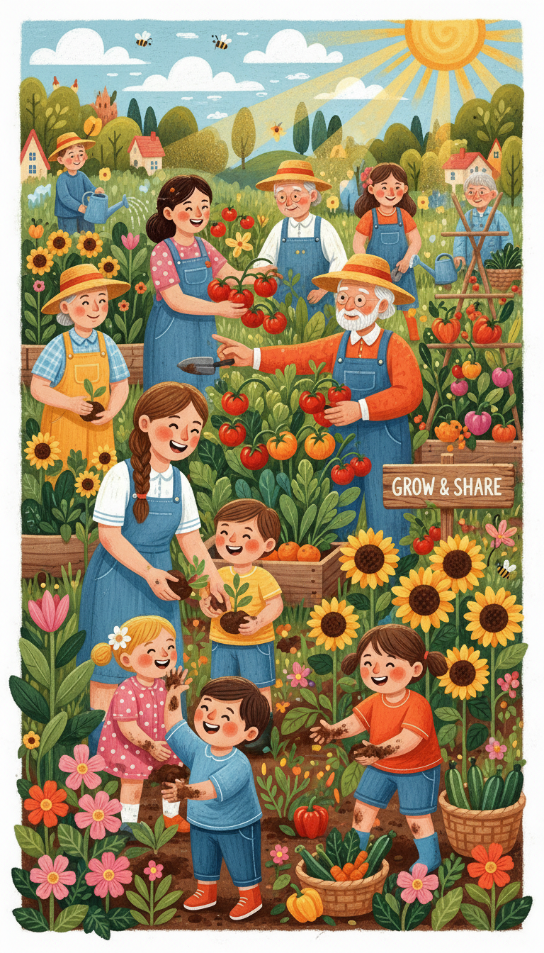 다양한 연령대의 사람들이 함께 공동체 정원을 가꾸는 모습을 그린 활기차고 즐거운 일러스트레이션.