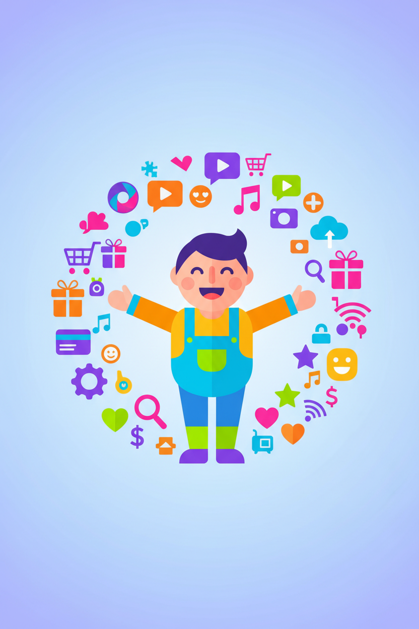 다양한 온라인 서비스를 나타내는 디지털 아이콘에 둘러싸인 유쾌한 캐릭터.