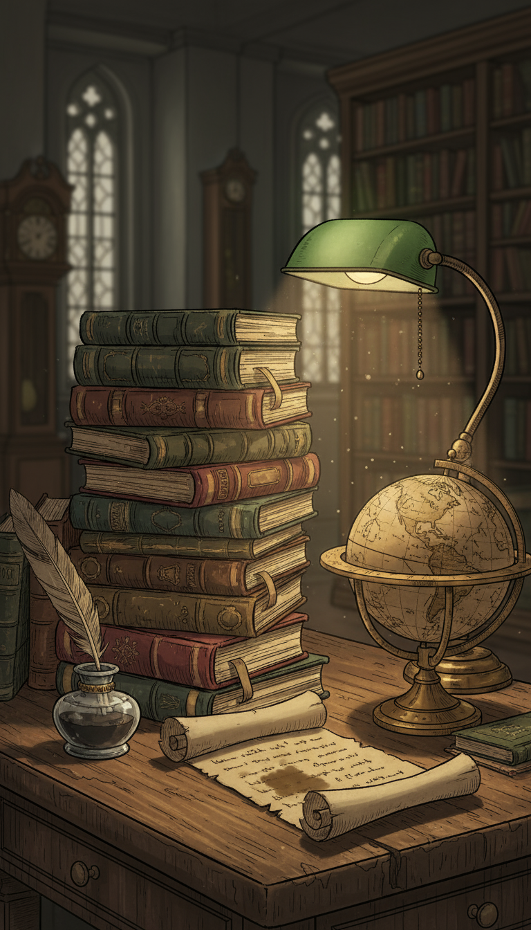 오래된 책 더미, 깃털 펜, 앤티크 지구본이 나무 책상 위 램프 불빛에 비추어진 다크 아카데미아 일러스트.