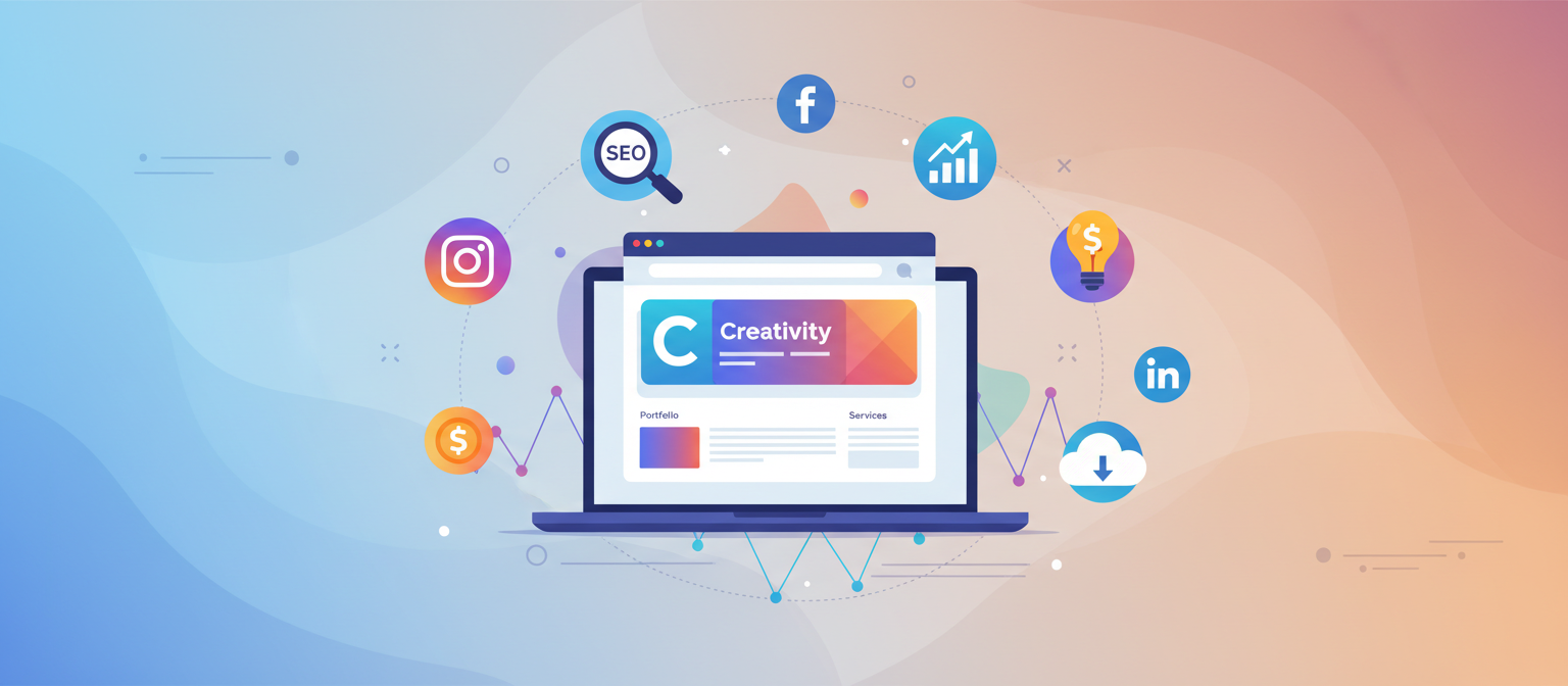 노트북, 웹사이트, 소셜 미디어 아이콘이 포함된 디지털 마케팅 일러스트레이션.