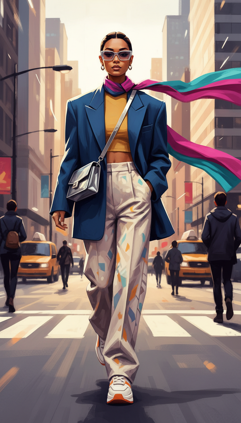 도시에서 현대적인 패션을 입은 사람의 스타일리시한 캐릭터 일러스트레이션.
