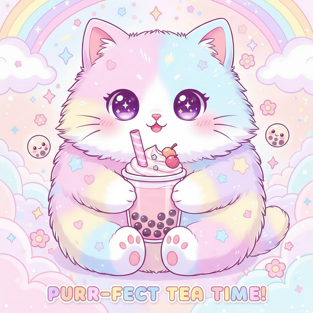 커다랗고 반짝이는 눈으로 버블티를 마시는 귀여운 고양이의 카와이 스타일 일러스트.