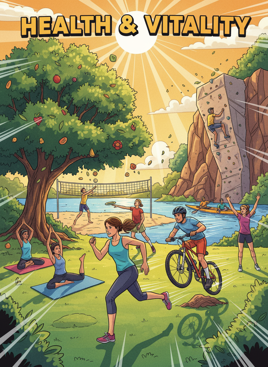 야외에서 운동하고 스포츠를 즐기는 사람들의 역동적인 일러스트레이션.