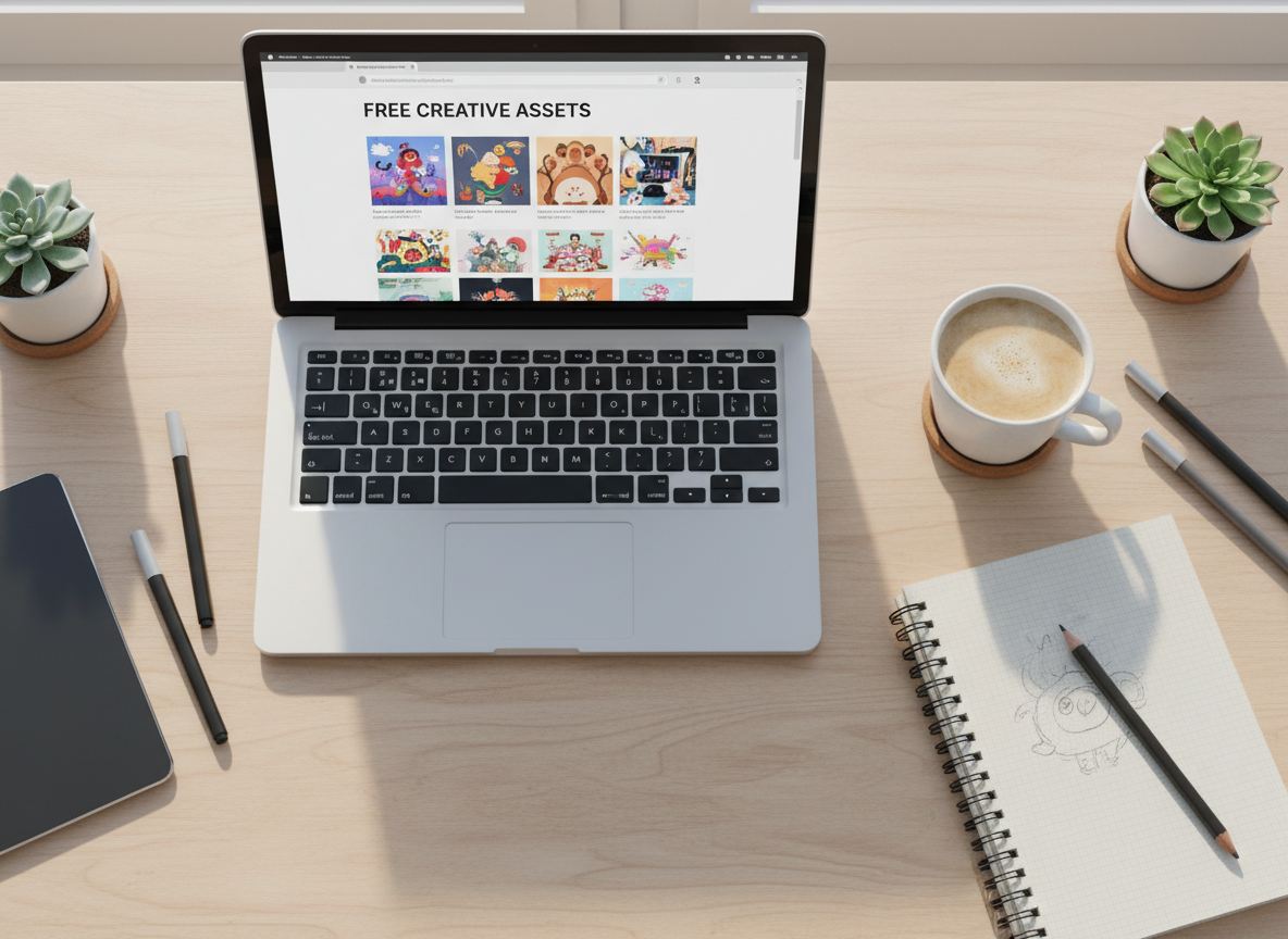 무료 일러스트 웹사이트를 보여주는 노트북이 놓인 책상의 오버헤드 뷰, 영감을 상징.