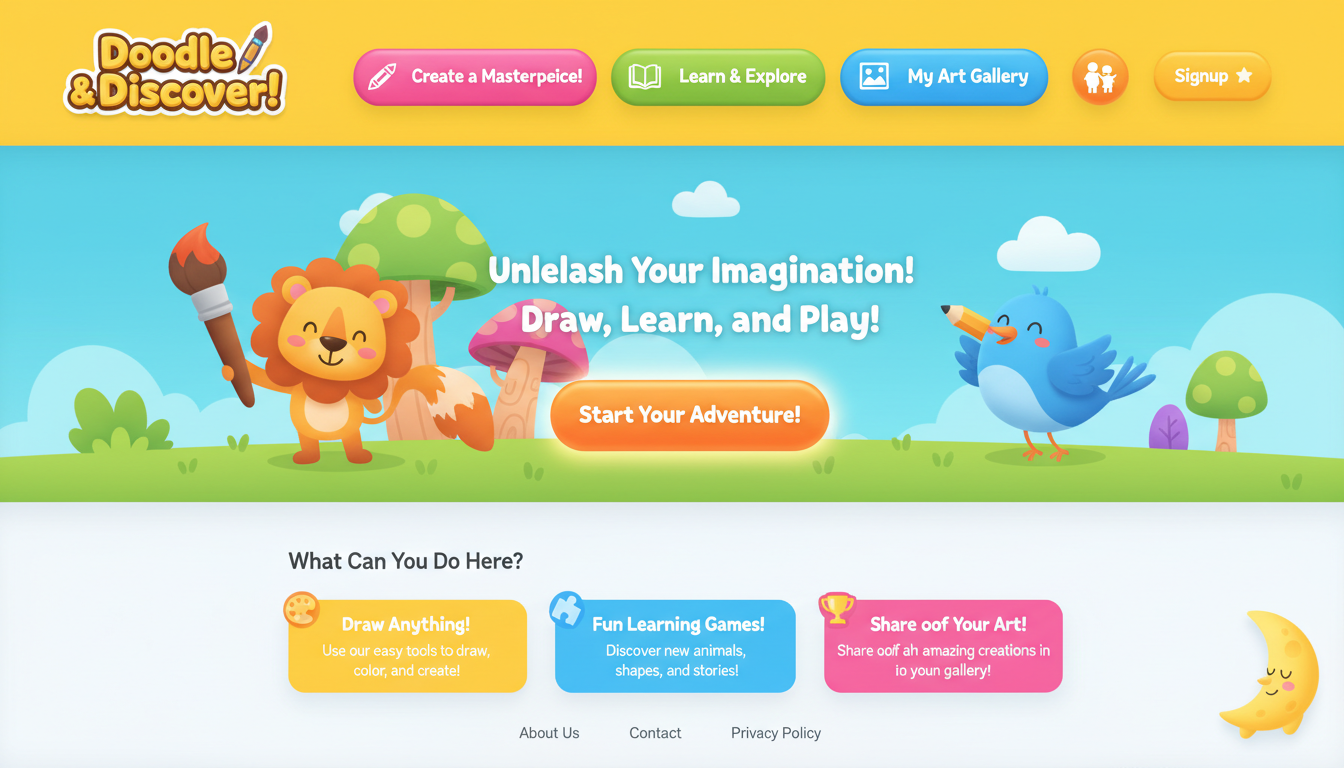 무료 일러스트 웹사이트의 명랑하고 어린이 친화적인 인터페이스.