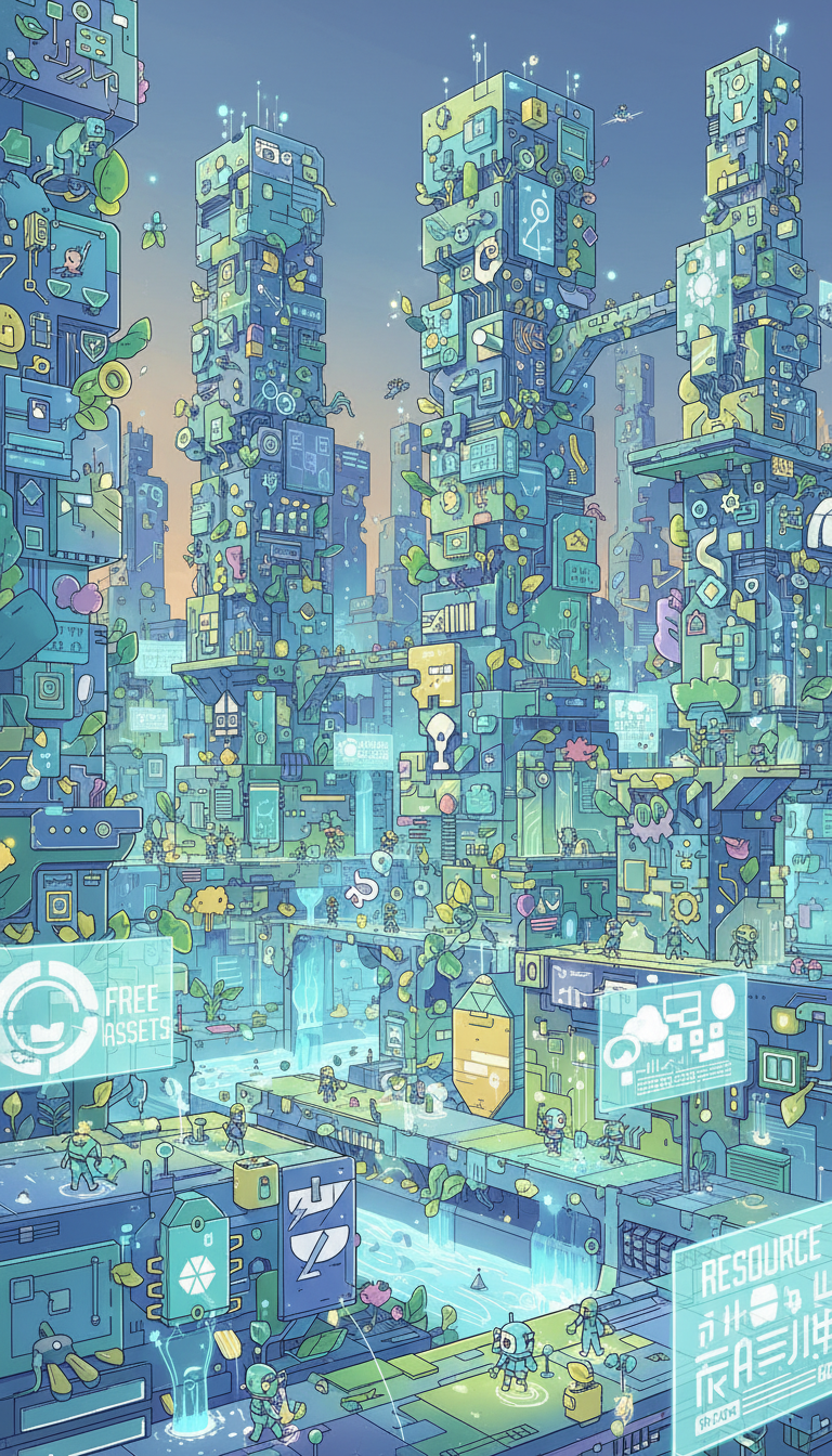 무료 일러스트레이션으로 건물이 지어진 디지털 도시 풍경 속을 작은 사람들이 움직이는 모습.