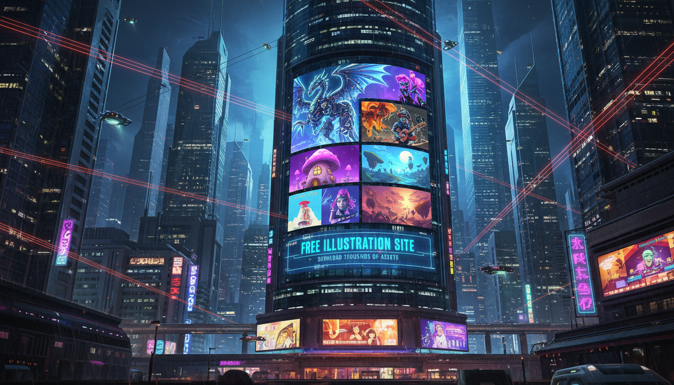 밤의 미래 도시 풍경, '무료 일러스트 사이트'를 광고하는 디지털 빌보드.
