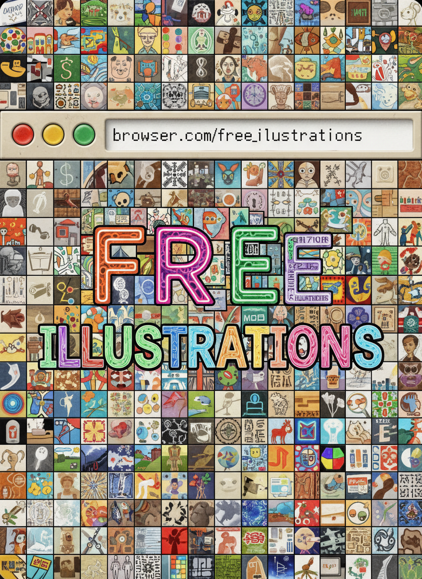 다양한 일러스트 스타일의 모자이크로 '무료 일러스트' 웹 브라우저 창을 형성.