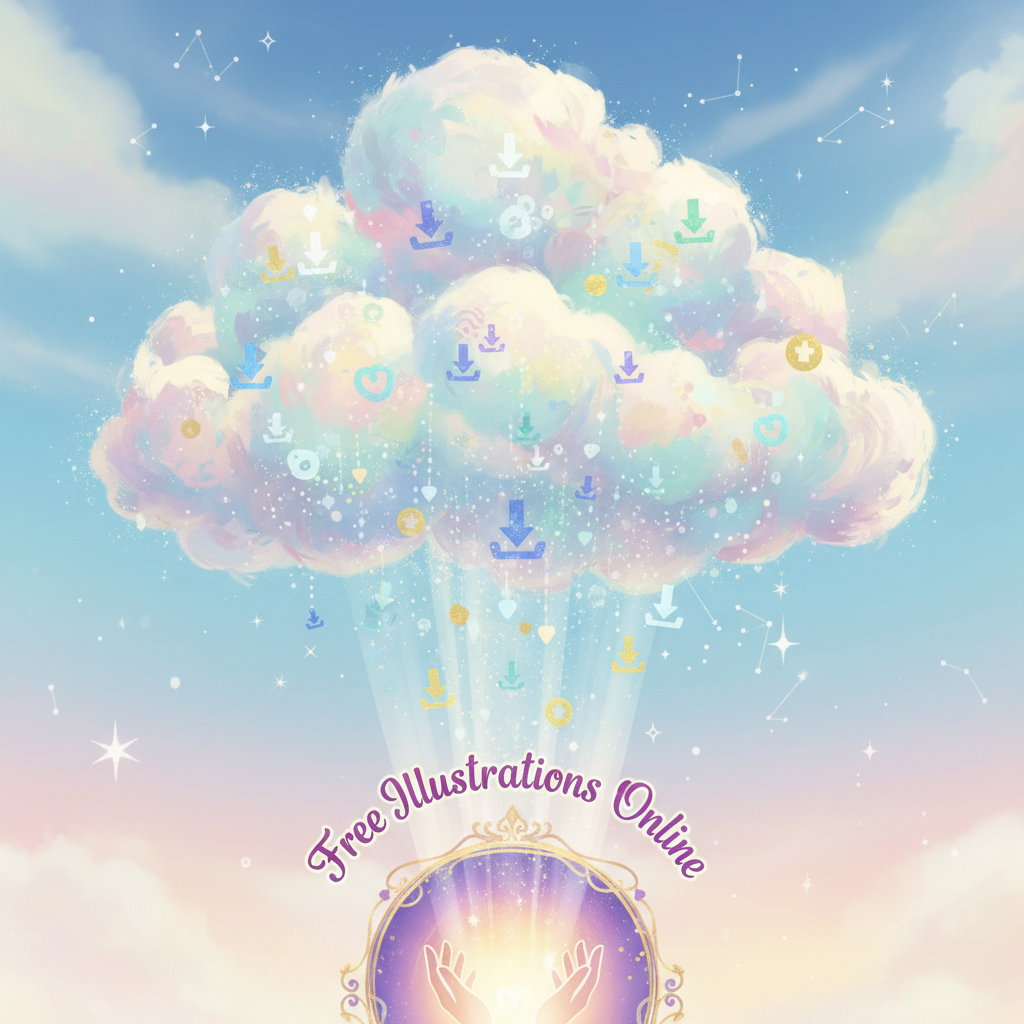 무료 일러스트 포털에서 나온 다운로드 아이콘이 떠다니는 기발한 창의적 아이디어 구름.