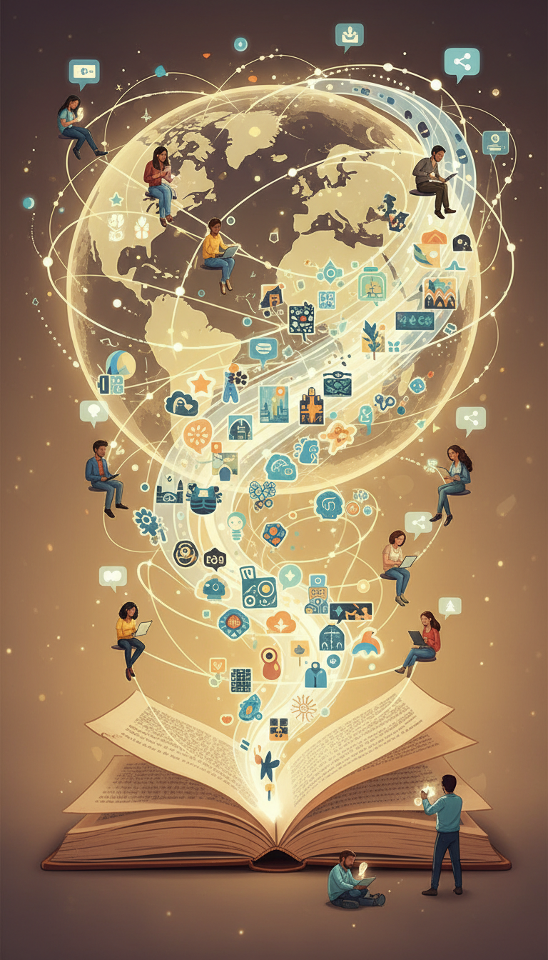 세계적인 공유 커뮤니티를 상징하며, 열린 책에서 흘러나오는 무료 디지털 일러스트.