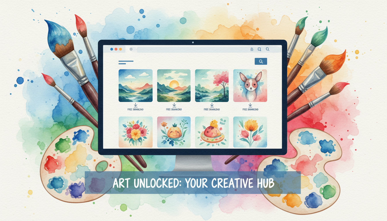 예술 도구가 무료 수채화 일러스트 웹사이트로 변하는 모습을 그린 디지털 수채화.