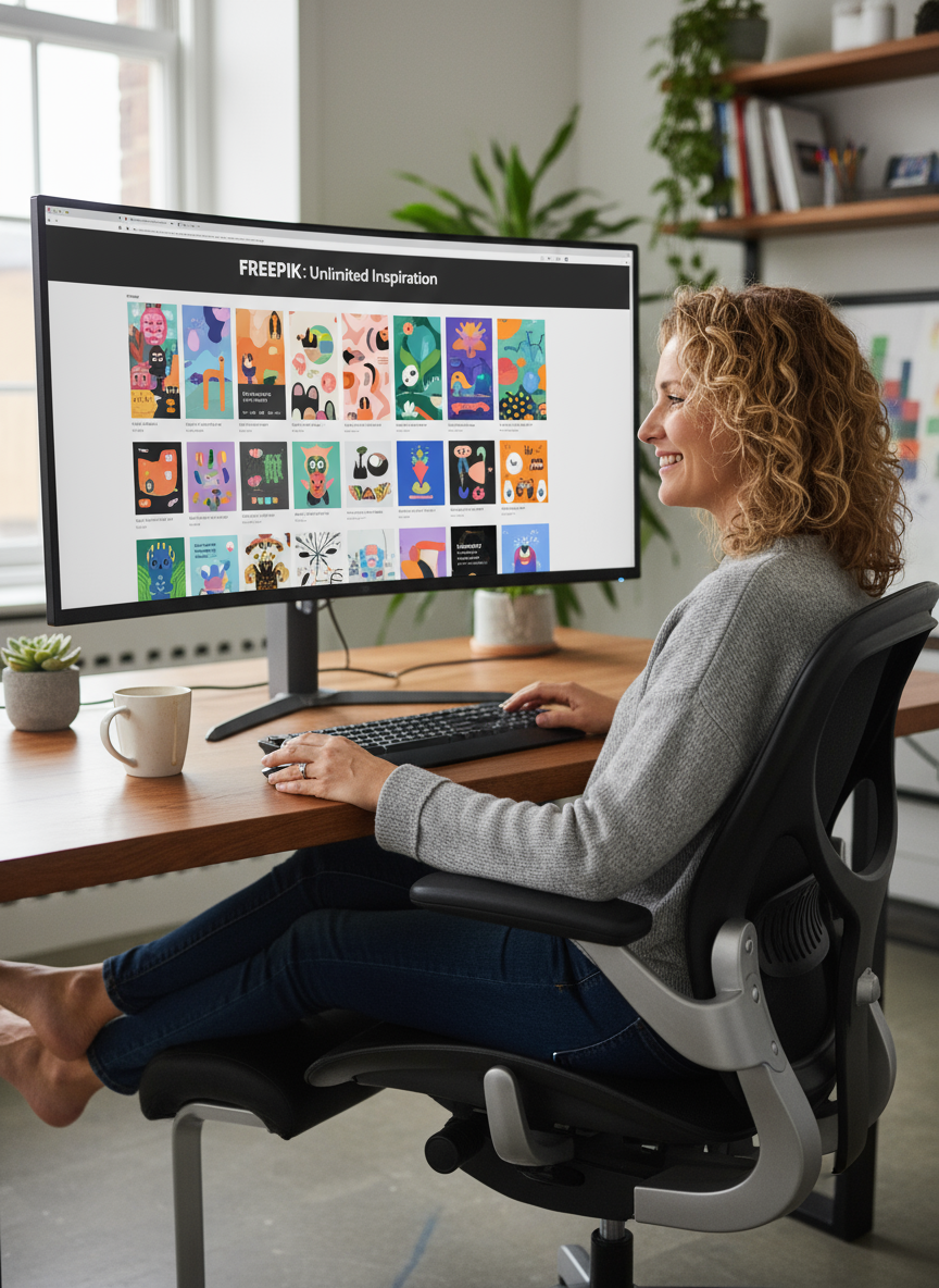 커다란 곡면 모니터로 무료 일러스트 사이트를 편안하게 탐색하는 미소 짓는 크리에이티브 전문가.