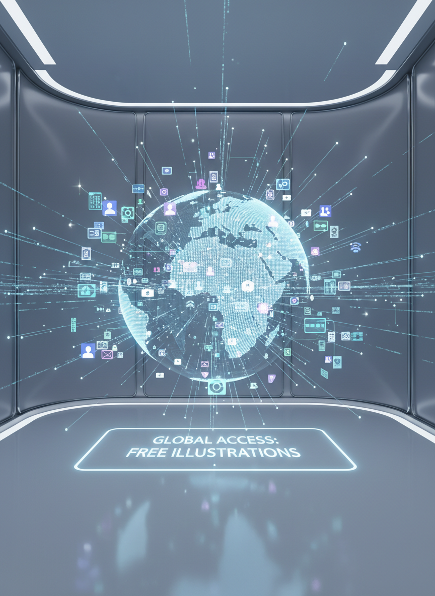 디지털 일러스트를 발산하는 빛나는 지구본, 무료 콘텐츠의 전 세계적 접근을 상징.
