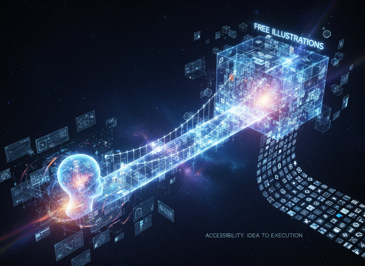 디자이너의 아이디어와 무료 일러스트 자료를 연결하는 개념적인 다리, 접근성을 상징.