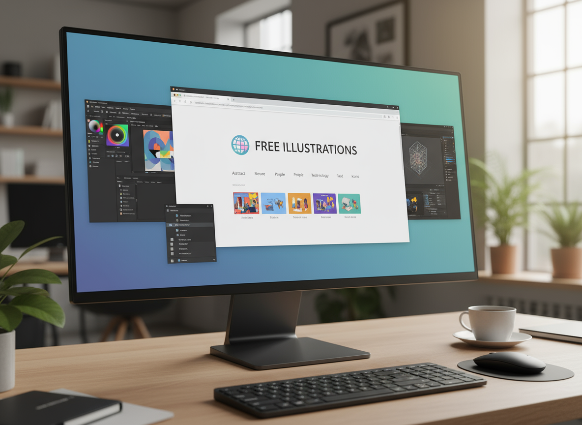 무료 일러스트 웹사이트가 디자인 소프트웨어와 함께 보이는 깔끔한 데스크탑 화면.
