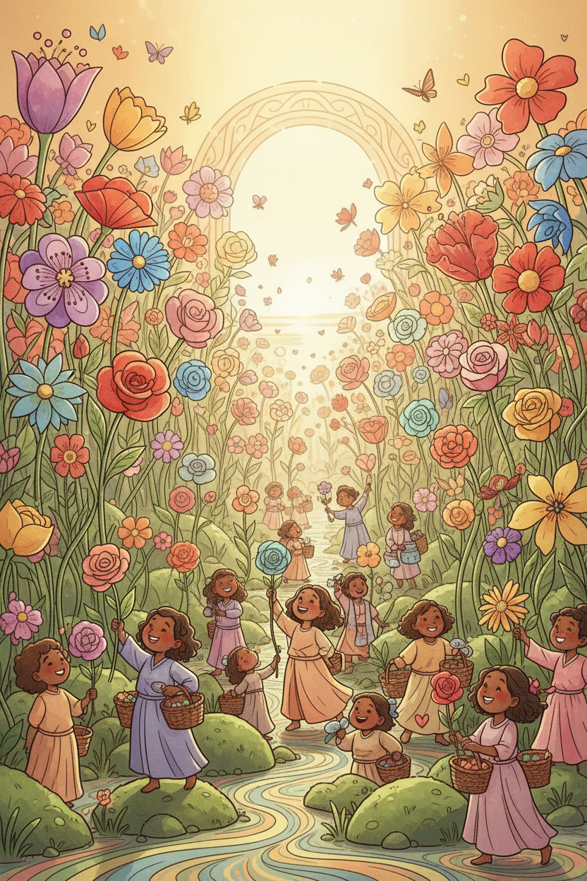 각 꽃이 독특한 무료 일러스트인 생기 넘치는 정원에서 사람들이 필요한 것을 신중하게 선택하는 모습.