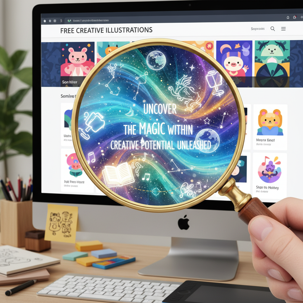 웹사이트 페이지에 돋보기가 놓여 있으며, 표시된 무료 일러스트레이션 뒤에 숨겨진 마법과 영감을 드러내는 모습.