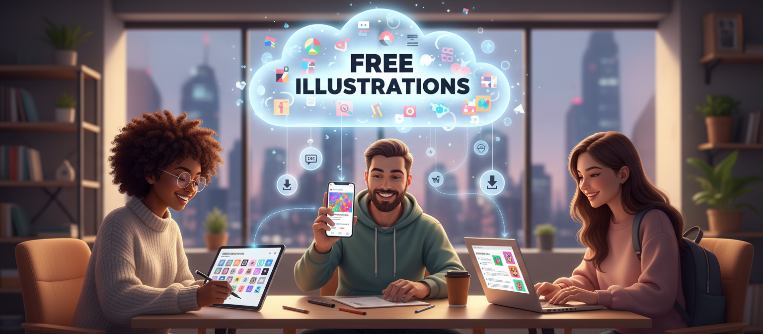 "무료 일러스트" 클라우드에서 일러스트를 다운로드하는 다양한 사람들.