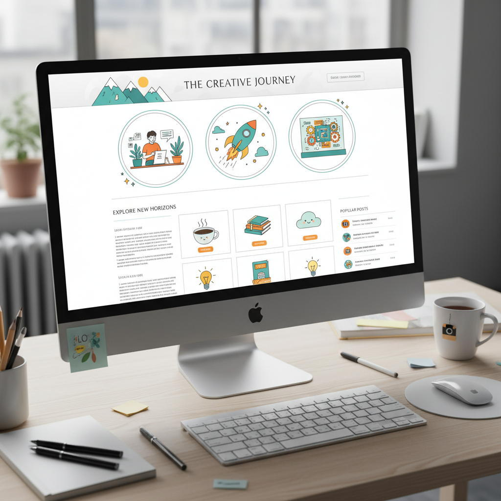 블로그를 위해 무료 벡터 일러스트로 채워진 아름다운 웹사이트 레이아웃.