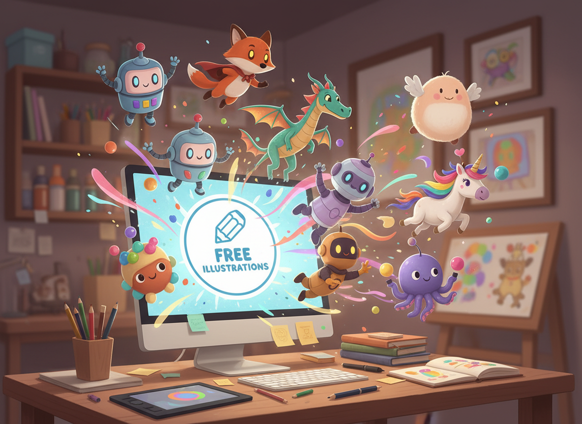 '무료 일러스트' 로고가 표시된 컴퓨터 화면에서 나오는 애니메이션 캐릭터들.