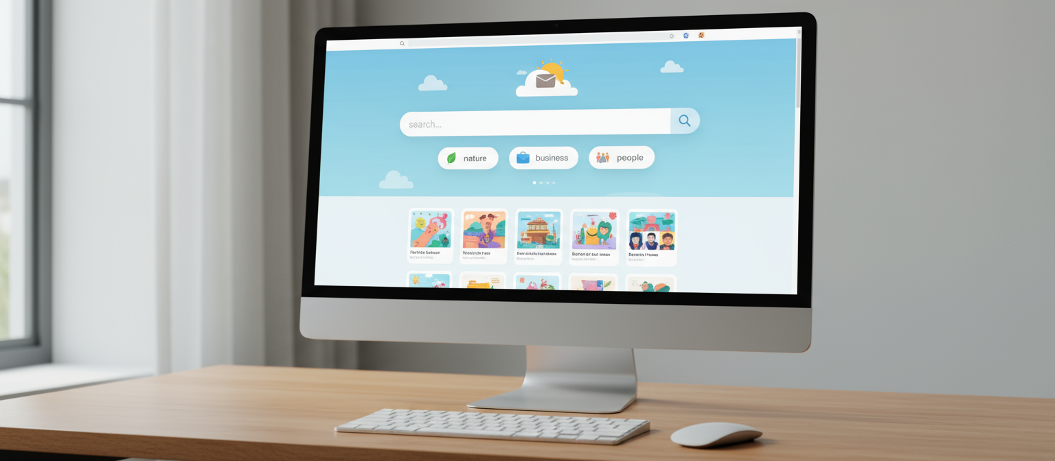 무료 일러스트 웹사이트의 검색창을 보여주는 데스크톱 모니터.