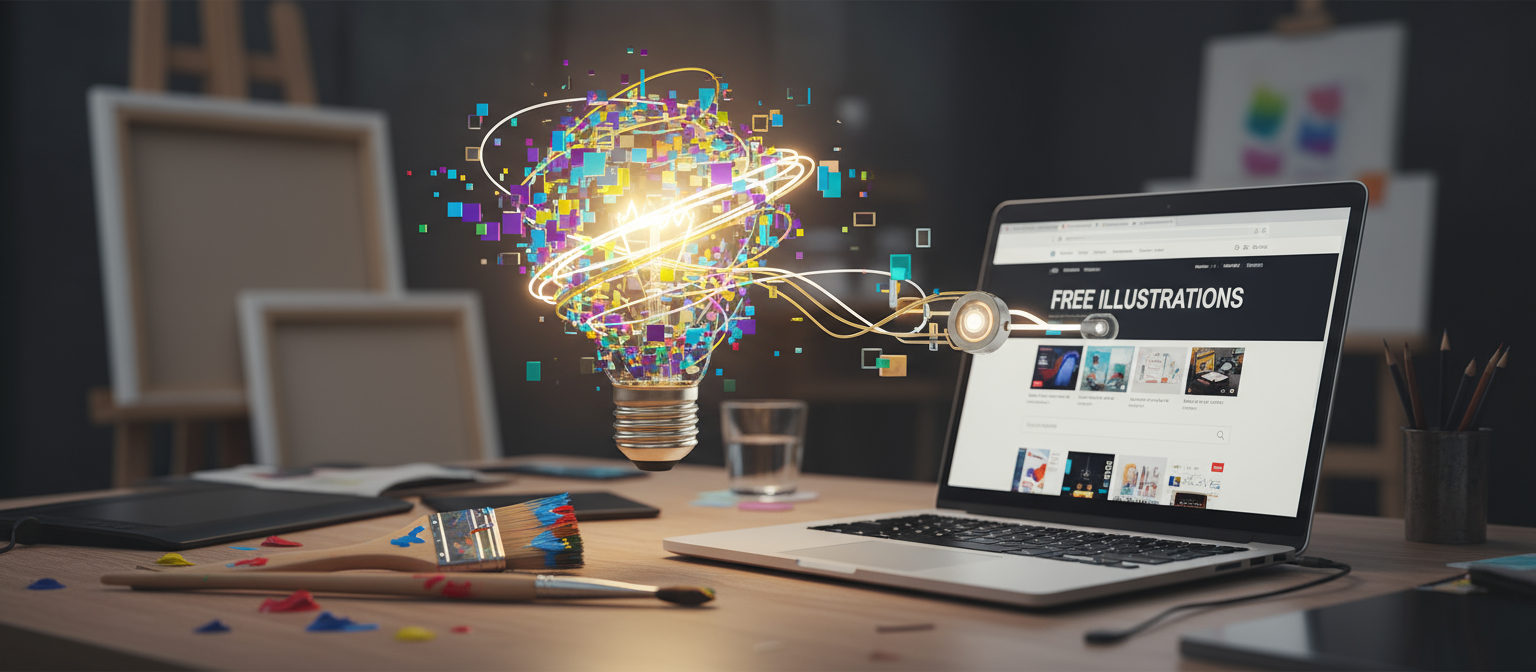 예술 요소로 만들어진 전구가 노트북에 무료 일러스트 웹사이트를 비추는 모습.