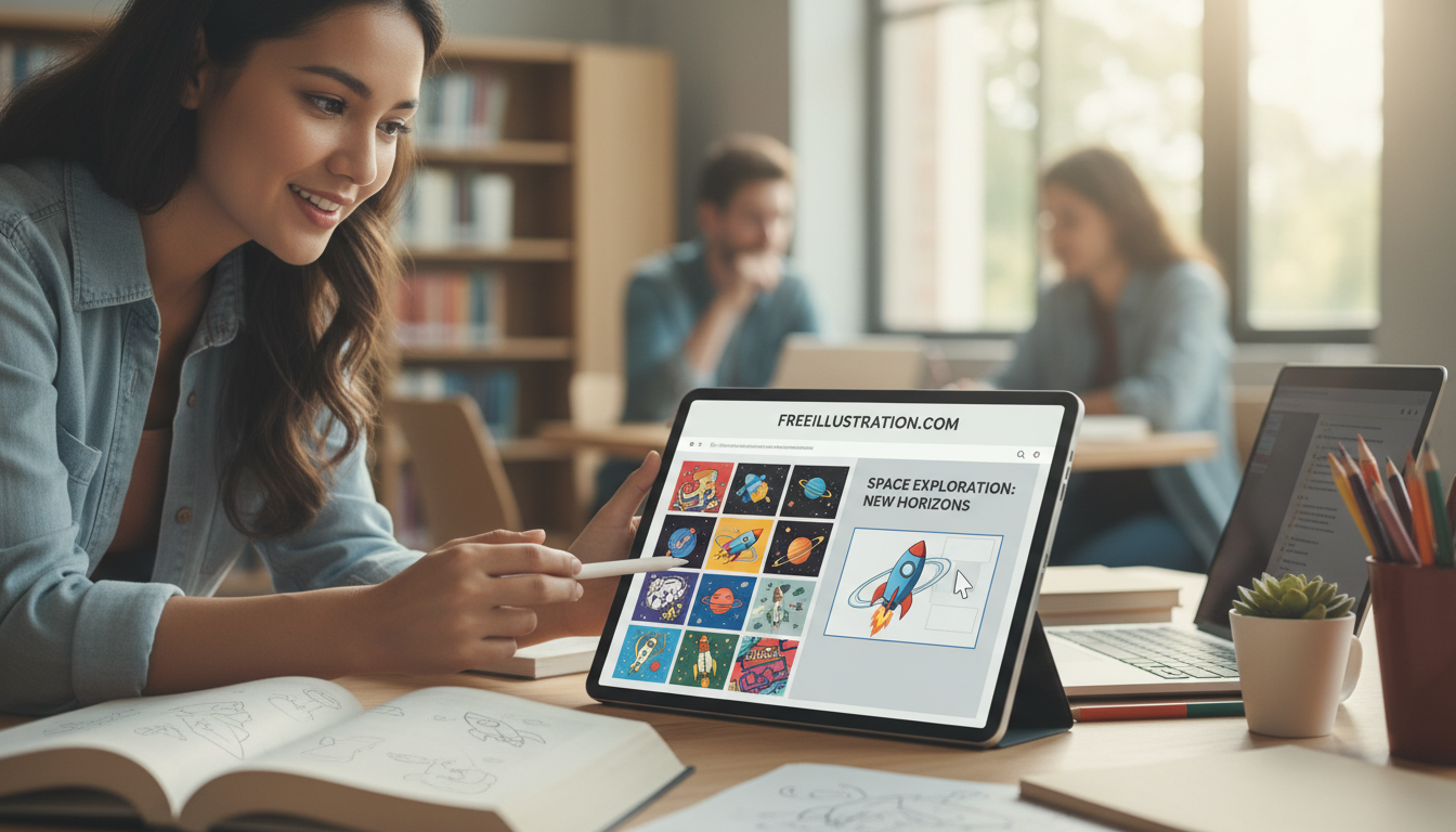 학생이 프로젝트를 위해 태블릿으로 무료 일러스트 웹사이트를 사용하는 모습, 학습을 상징.