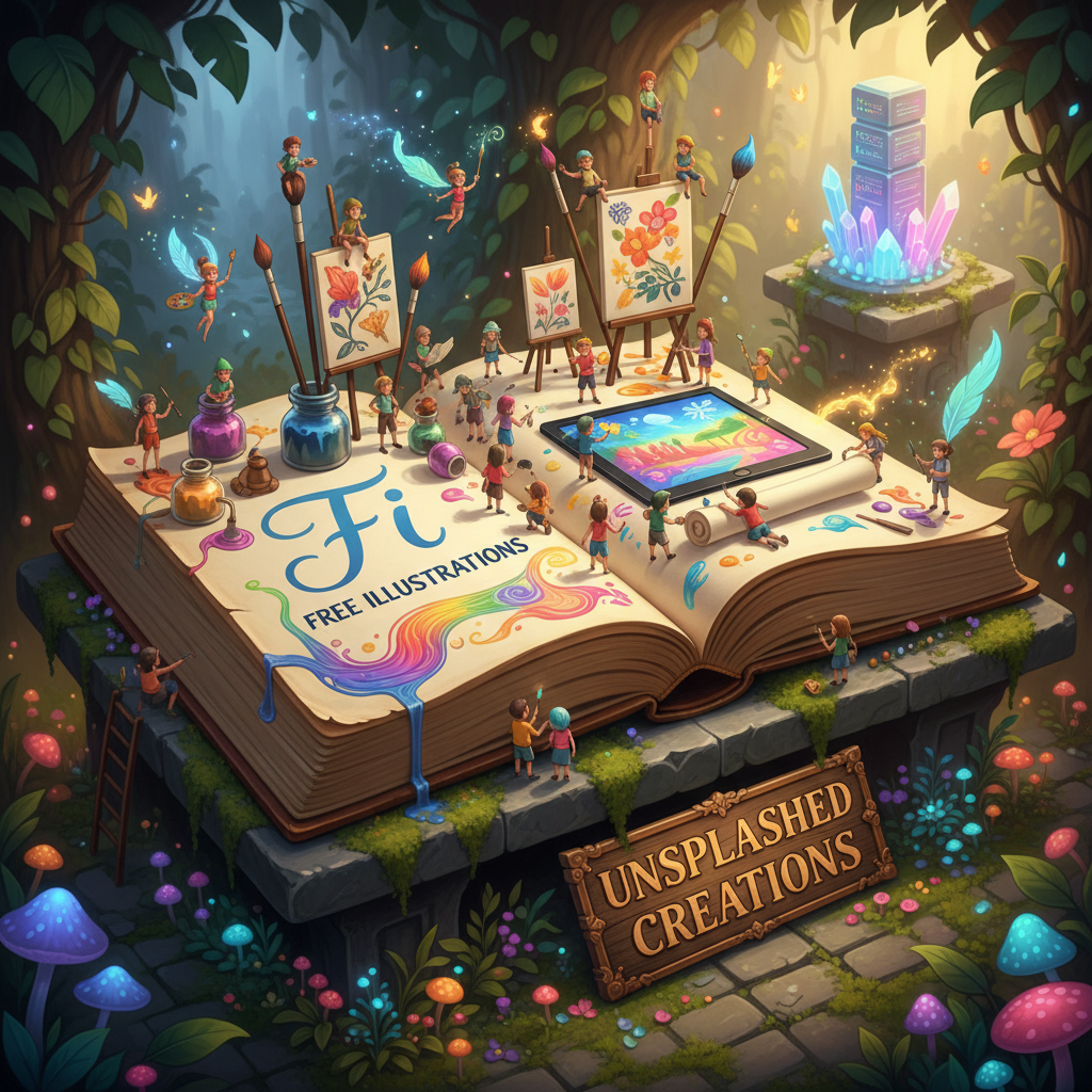 거대한 열린 책 위에서 예술을 창조하는 작은 캐릭터들(무료 일러스트 사이트 상징).