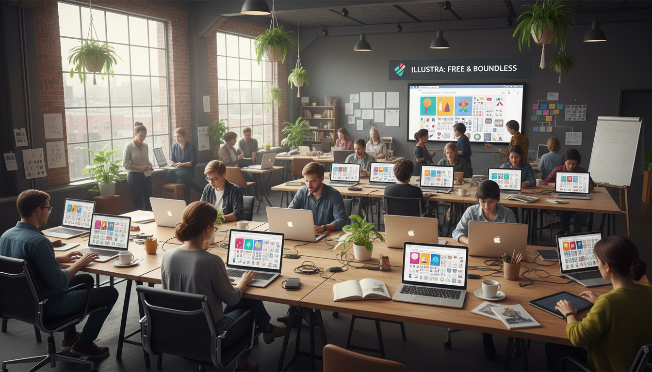 디자이너들이 각자의 기기로 원활한 무료 일러스트 라이브러리에 접속하는 분주한 창작 스튜디오.