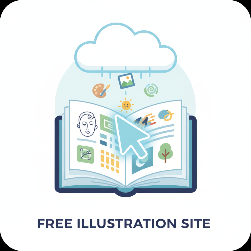 예술적인 디자인으로 가득 찬 열린 책을 클릭하는 커서와 같은 무료 일러스트 사이트의 양식화된 아이콘.