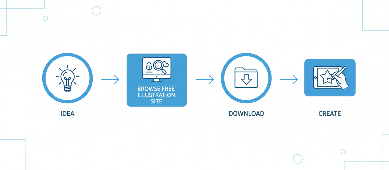 무료 일러스트 사이트를 사용하여 창작하는 과정의 순서도를 보여주는 인포그래픽.