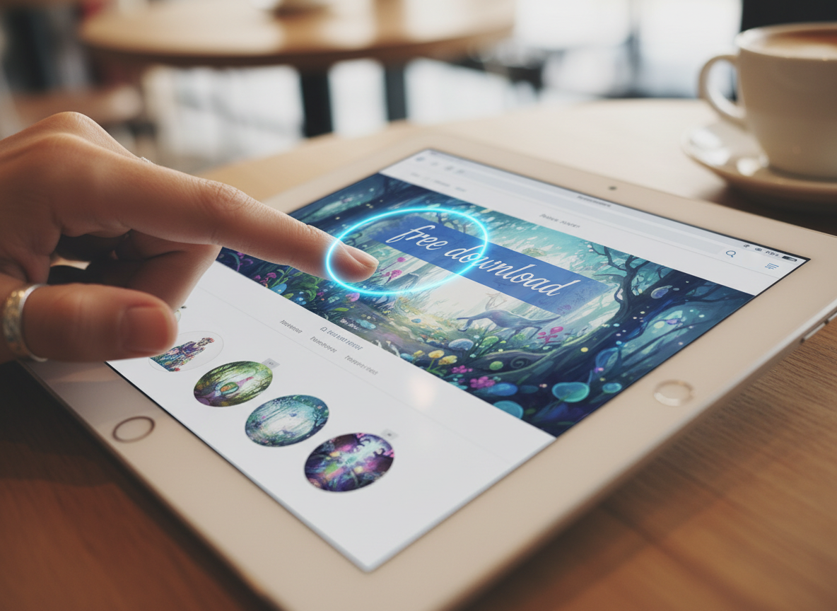 무료 일러스트 다운로드를 강조하며 태블릿 화면을 탭하는 손.