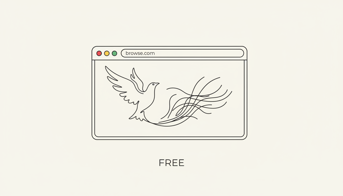 무료 아이콘과 추상 일러스트가 있는 브라우저 창의 미니멀리스트 선화.