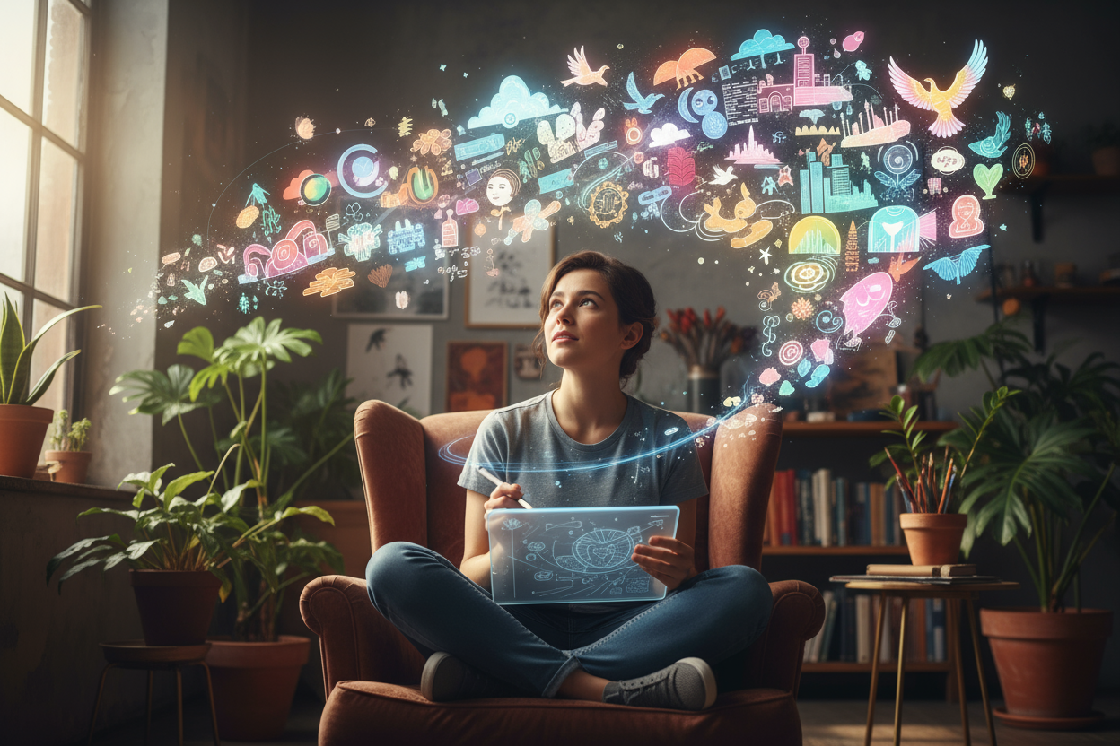 디지털로 스케치하며 떠다니는 무료 일러스트레이션 구름에서 영감을 얻는 아티스트.