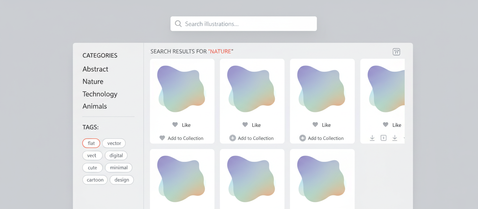 카테고리, 태그, 검색 결과 등 최신 무료 일러스트레이션 사이트의 UI 요소를 보여주는 미니멀한 그래픽.