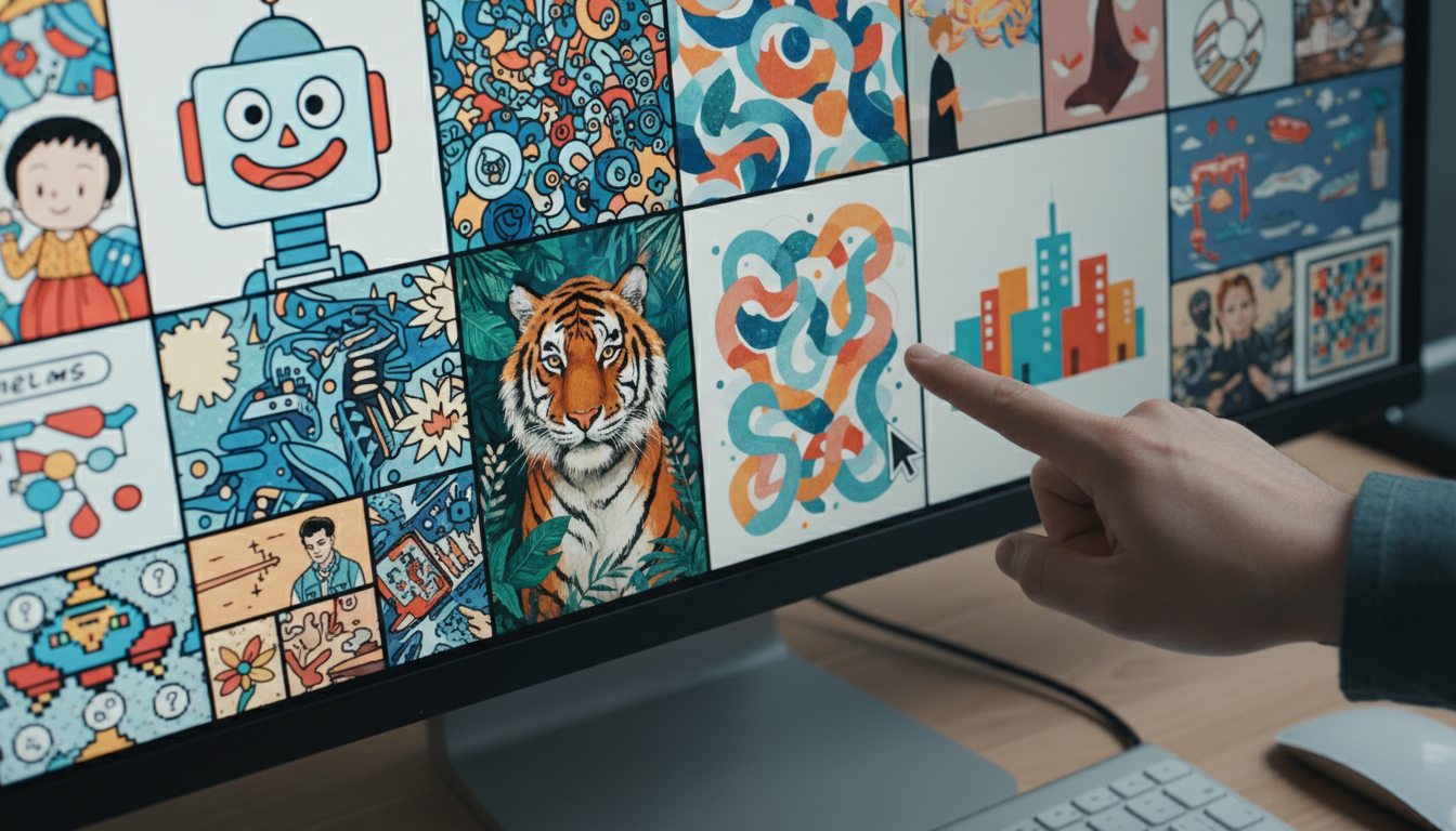 다양한 무료 일러스트 스타일 모자이크를 보여주는 데스크톱 화면에서 한 손이 일러스트를 가리키는 모습.