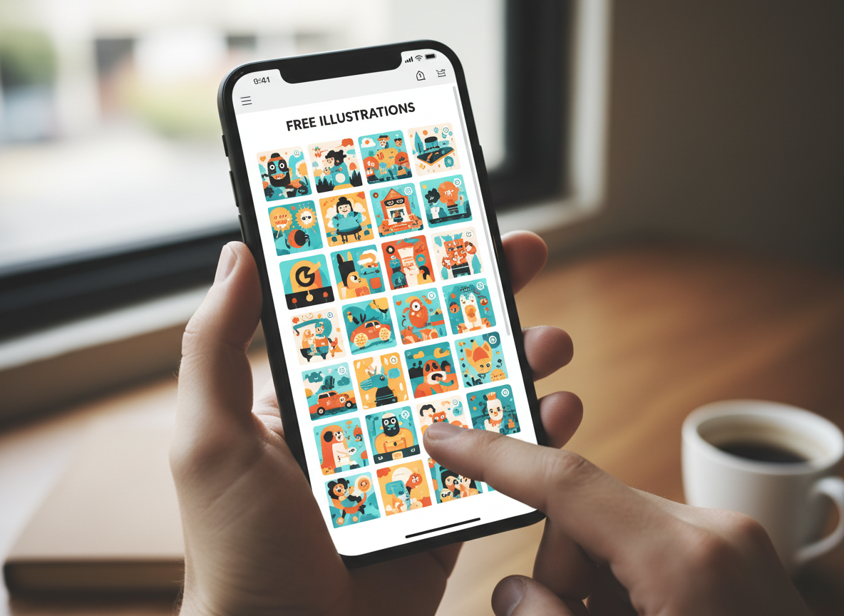 휴대폰으로 모바일 최적화된 무료 일러스트레이션 웹사이트를 스크롤하는 손.