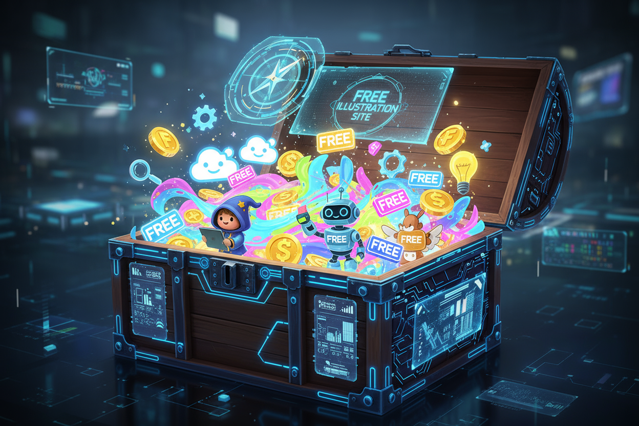 무료 디지털 자산으로 가득 찬 보물 상자, 무료 일러스트 사이트를 가리키는 나침반.