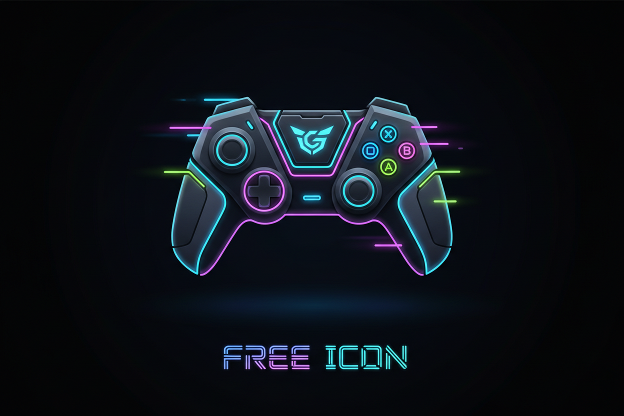 검은색 배경에 네온 조명과 어두운 악센트가 있는 역동적인 미래형 게임 컨트롤러 아이콘.