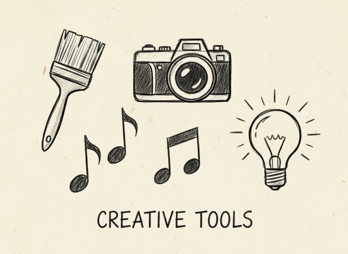 페인트 브러시, 카메라, 음표, 전구가 있는 손그림 스케치 창의성 아이콘.