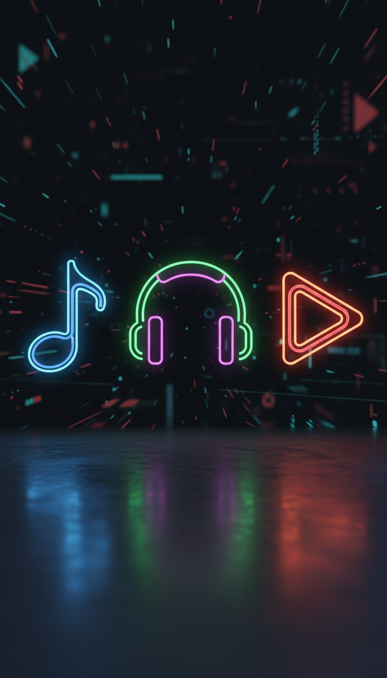 음악을 위한 미래 지향적인 네온 윤곽선 무료 아이콘: 음표, 헤드폰, 재생 버튼.