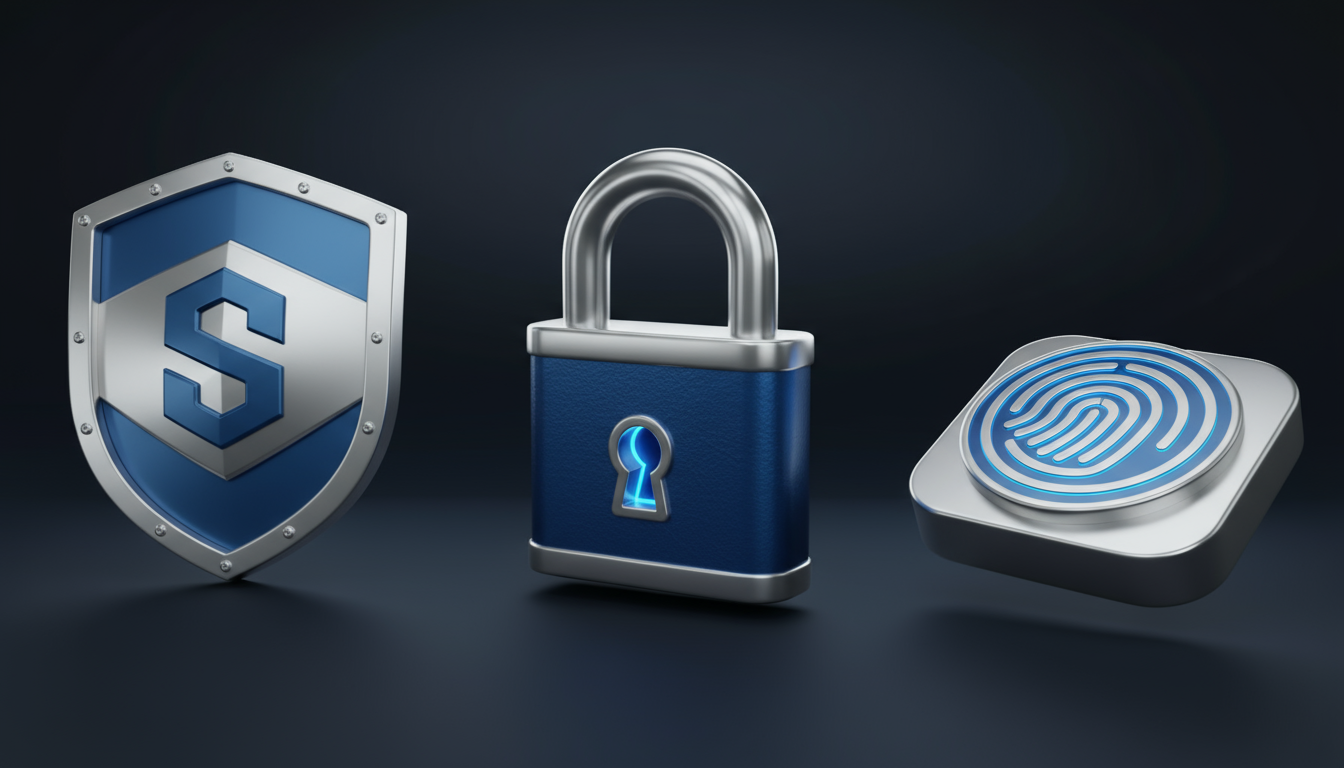 사실적인 광택 금속 보안 무료 아이콘: 방패, 자물쇠, 지문 스캐너.