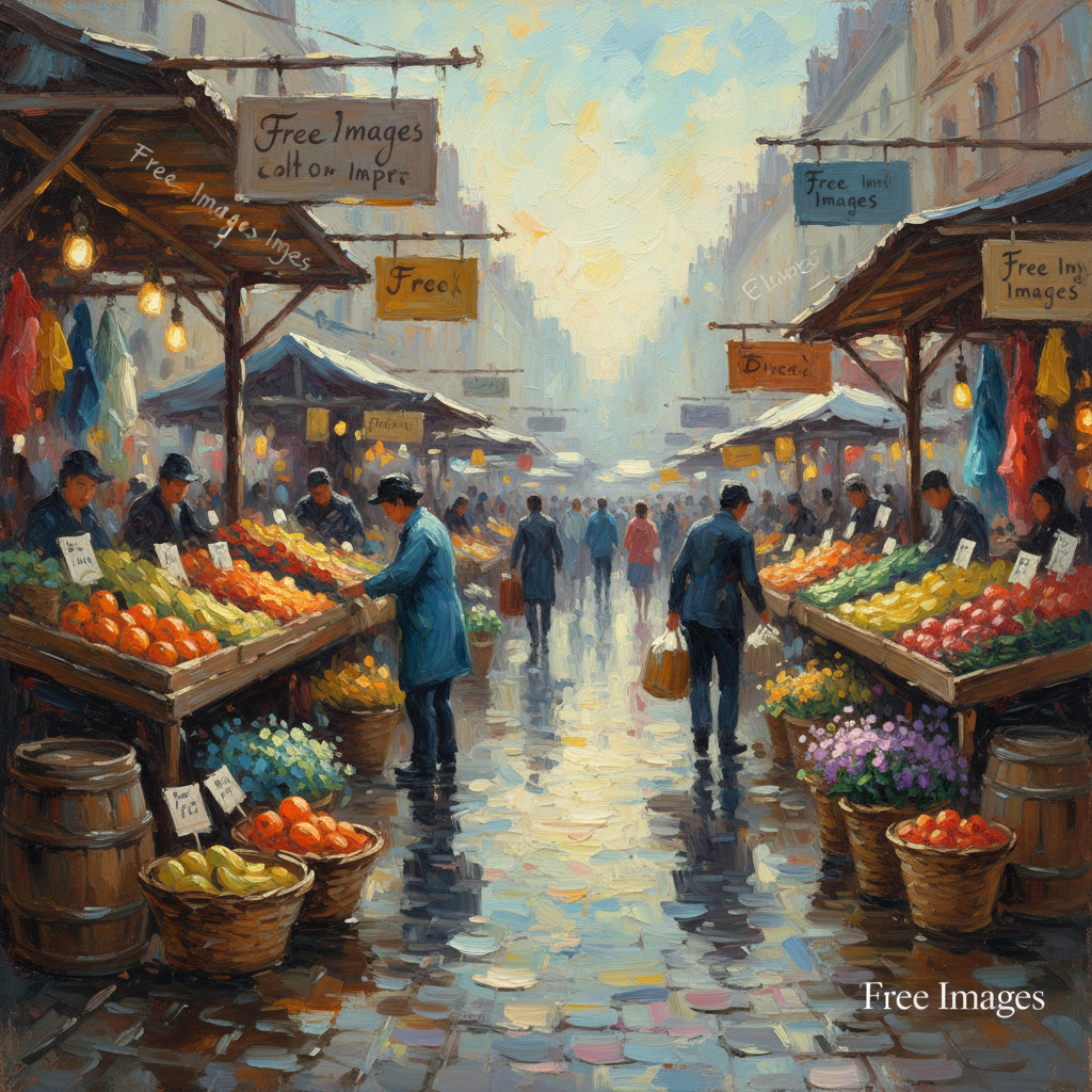 활기 넘치는 도시 시장을 그린 인상주의 유화로, 상점 간판과 제품 라벨에 '무료 이미지' 문구가 미묘하게 통합됨.