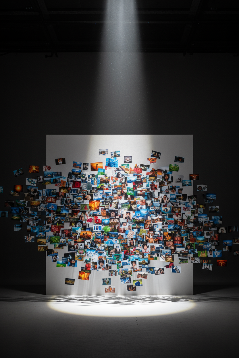 빈 캔버스를 이미지로 채우는 광선으로, 무료 콘텐츠의 즉각적인 가용성을 나타냅니다.